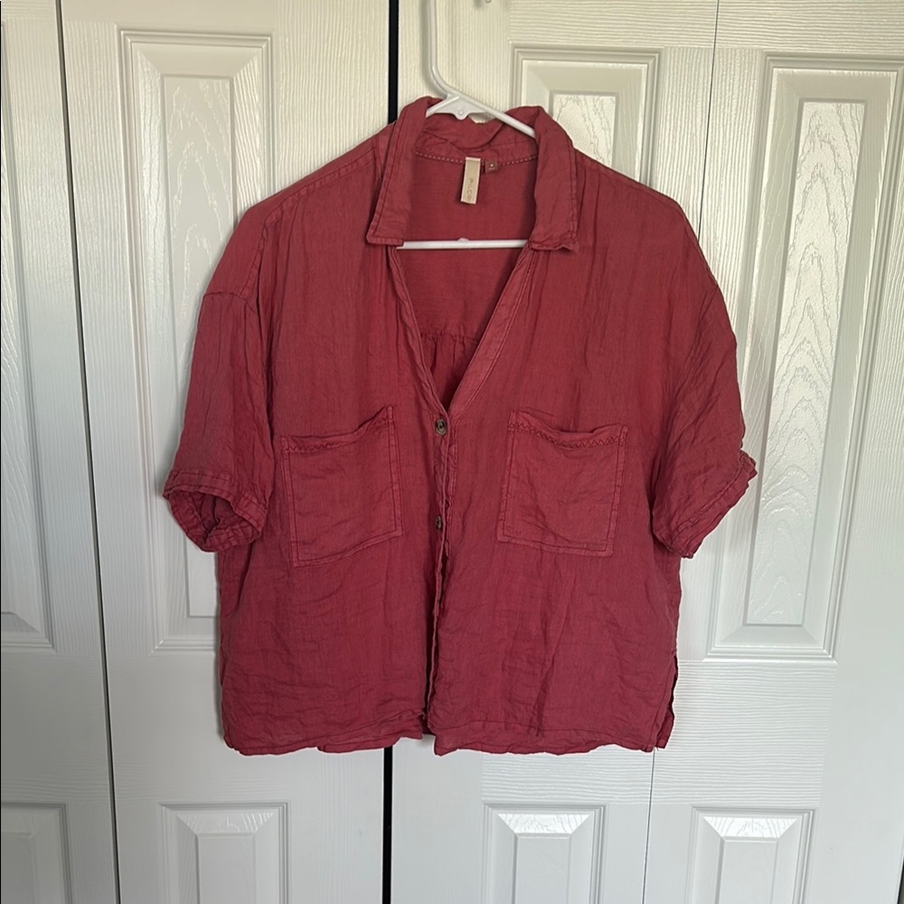 Pilcro Linen Salmon Red Button Down Shirt